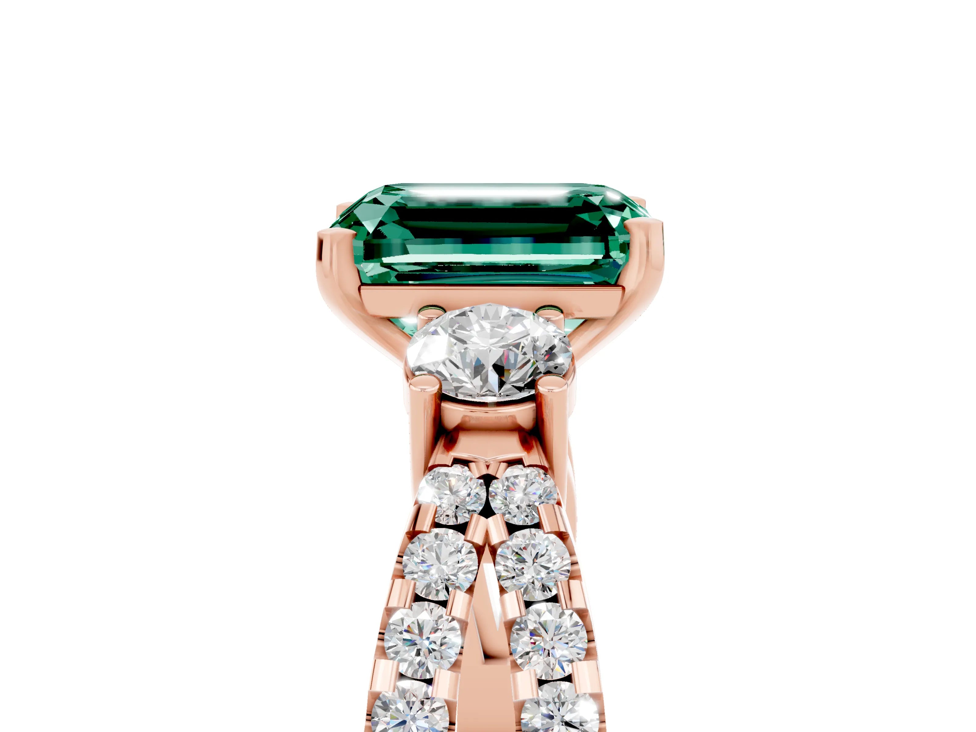 Rose gold Emerald Cut Green Sapphire Three-Stone Ring with Pavé Split Shank and Four-Prong Setting_5