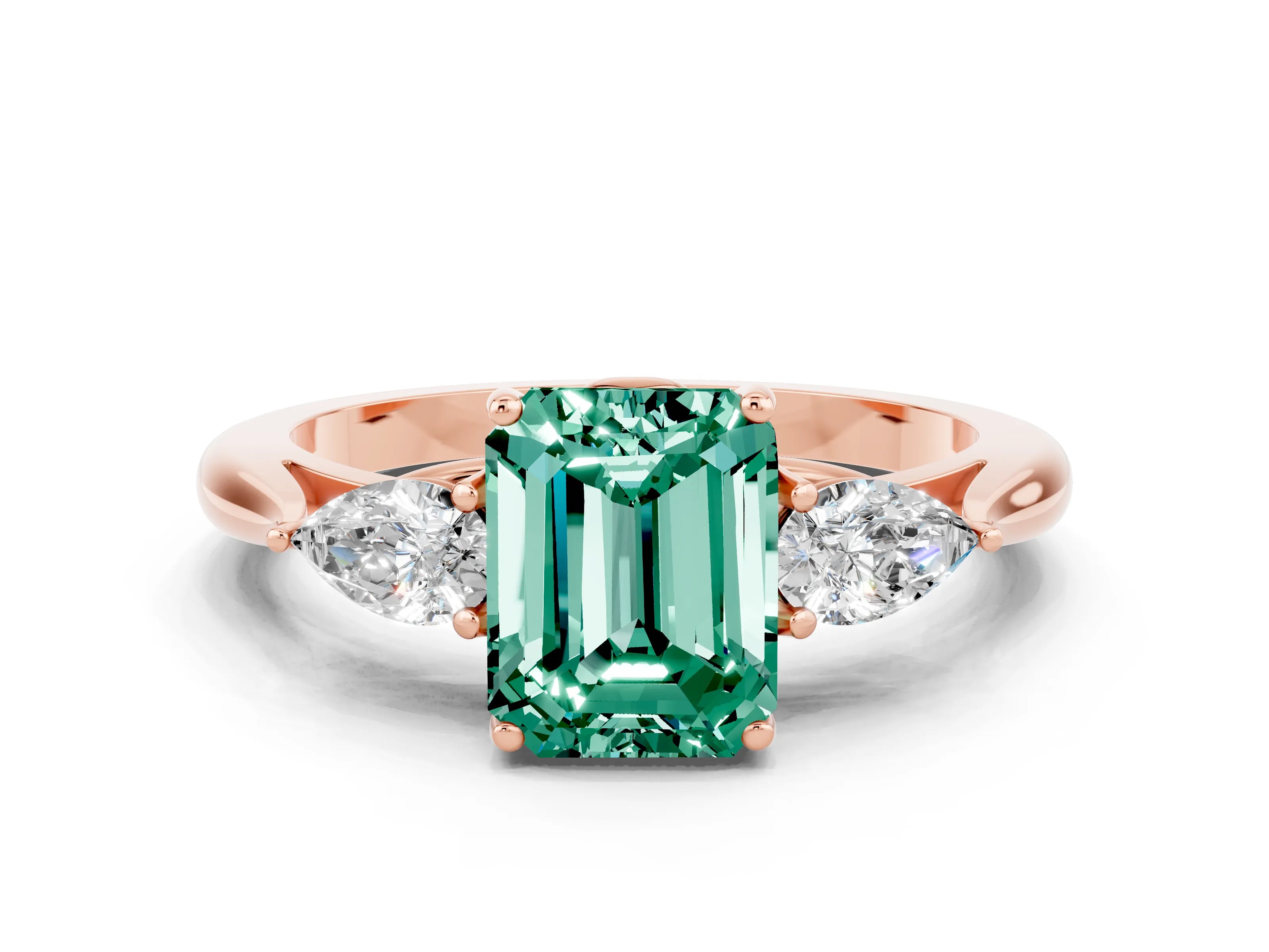 Rose gold Emerald Cut Green Sapphire Three-Stone Ring with Pear Side Stones and Four-Prong Setting_12