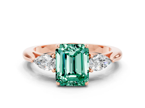 Rose gold Emerald Cut Green Sapphire Three-Stone Ring with Pear  Side Stones and Prong Setting
