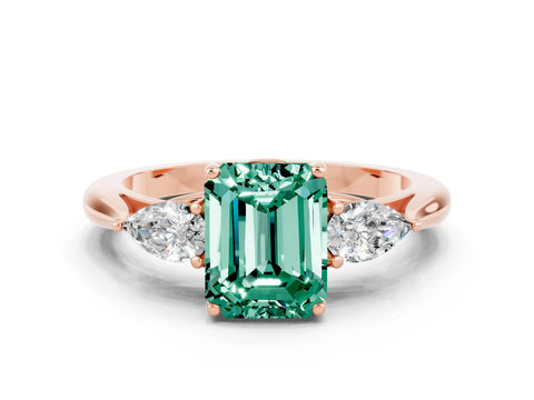 Rose gold Emerald Cut Green Sapphire Three-Stone Ring with Pear Side Stones and Four-Prong Setting_12