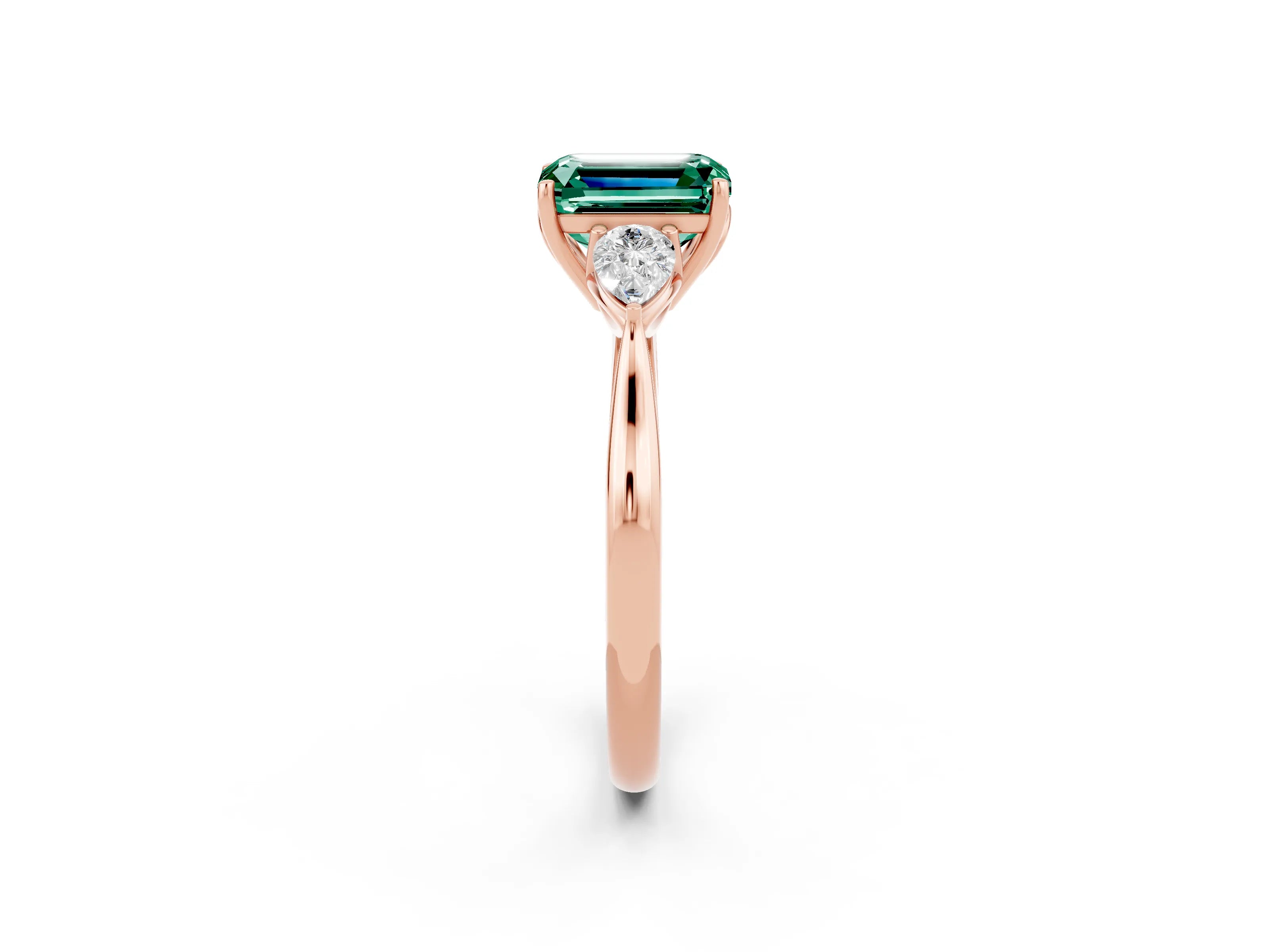 Rose gold Emerald Cut Green Sapphire Three-Stone Ring with Pear Side Stones and Four-Prong Setting_14