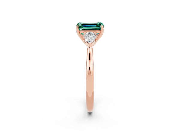 Rose gold Emerald Cut Green Sapphire Three-Stone Ring with Pear  Side Stones and Prong Setting