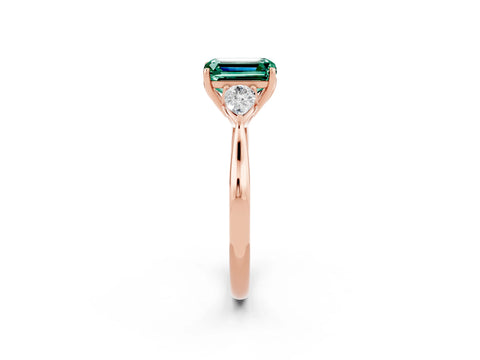 Rose gold Emerald Cut Green Sapphire Three-Stone Ring with Pear Side Stones and Four-Prong Setting_14