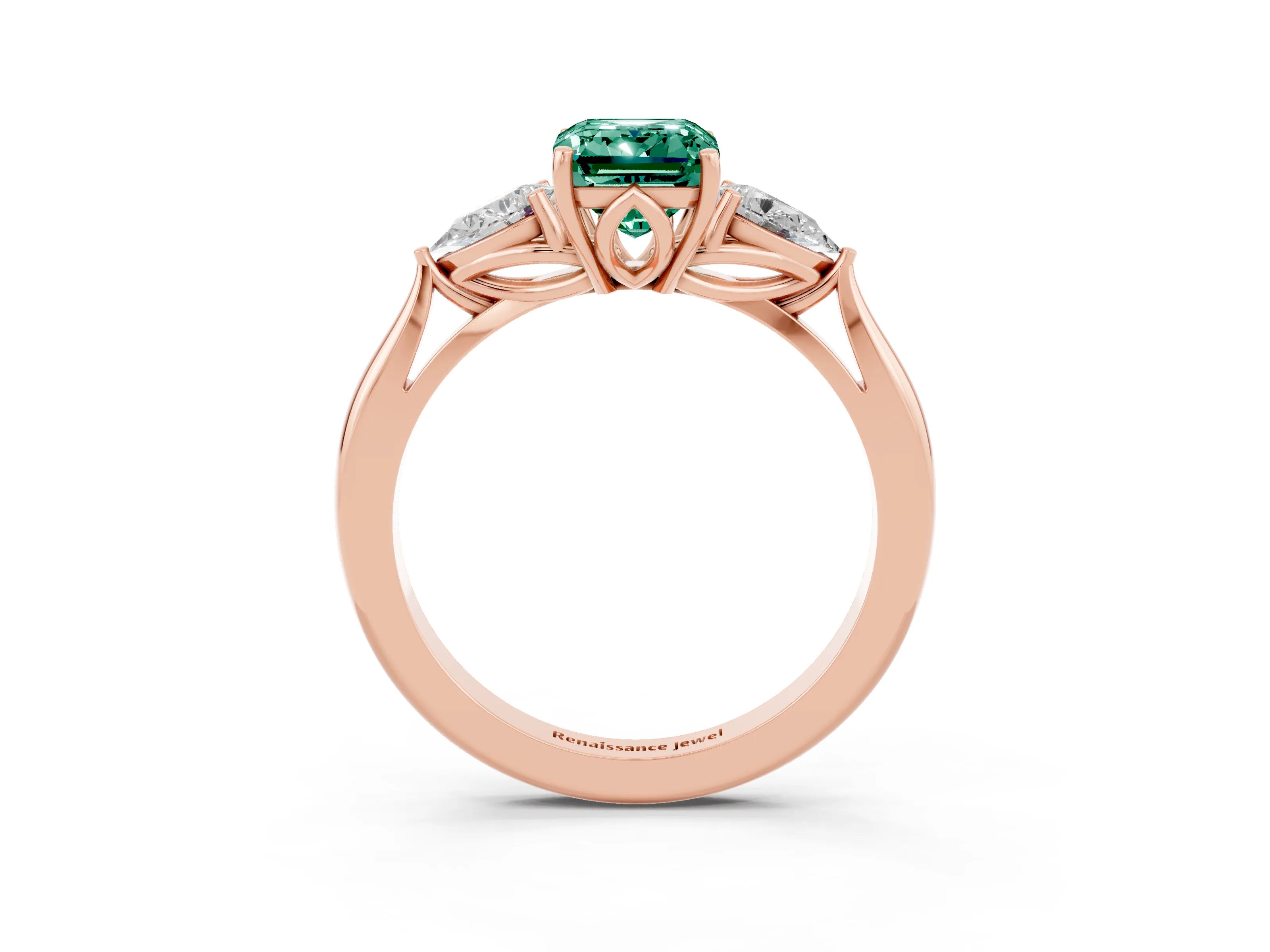Rose gold Emerald Cut Green Sapphire Three-Stone Ring with Pear Side Stones and Four-Prong Setting_15