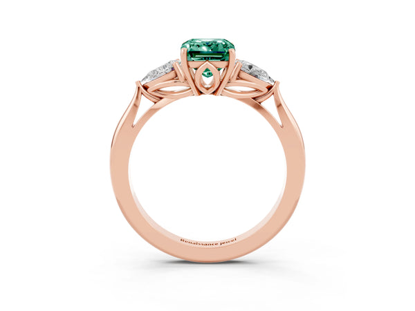 Rose gold Emerald Cut Green Sapphire Three-Stone Ring with Pear  Side Stones and Prong Setting