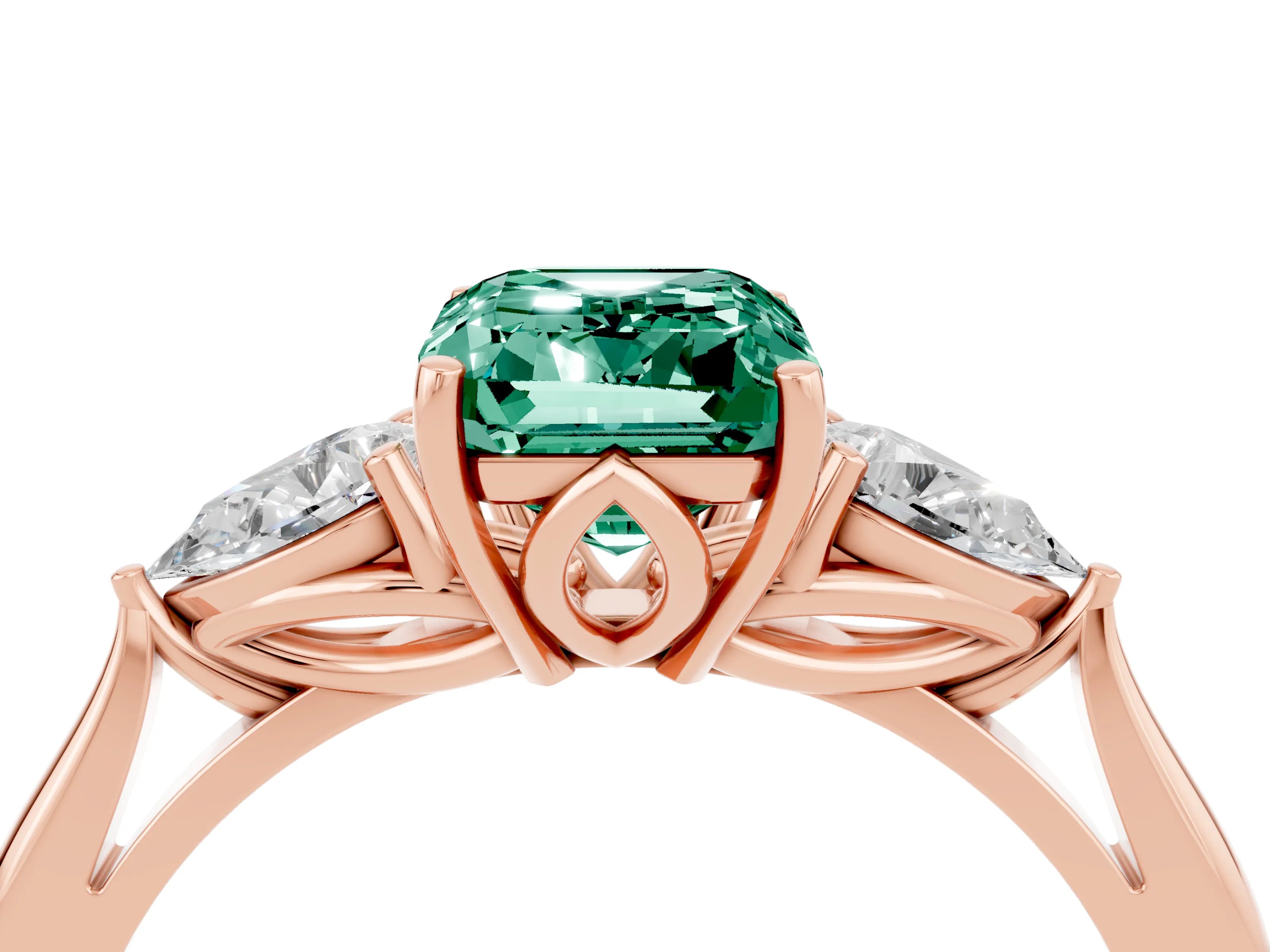 Rose gold Emerald Cut Green Sapphire Three-Stone Ring with Pear Side Stones and Four-Prong Setting_16