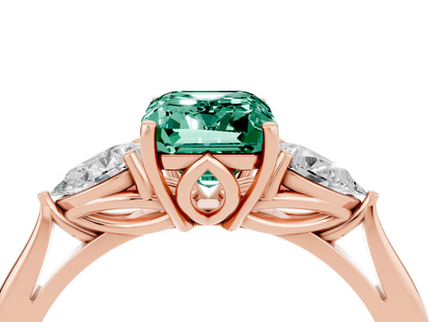 Rose gold Emerald Cut Green Sapphire Three-Stone Ring with Pear Side Stones and Four-Prong Setting_16