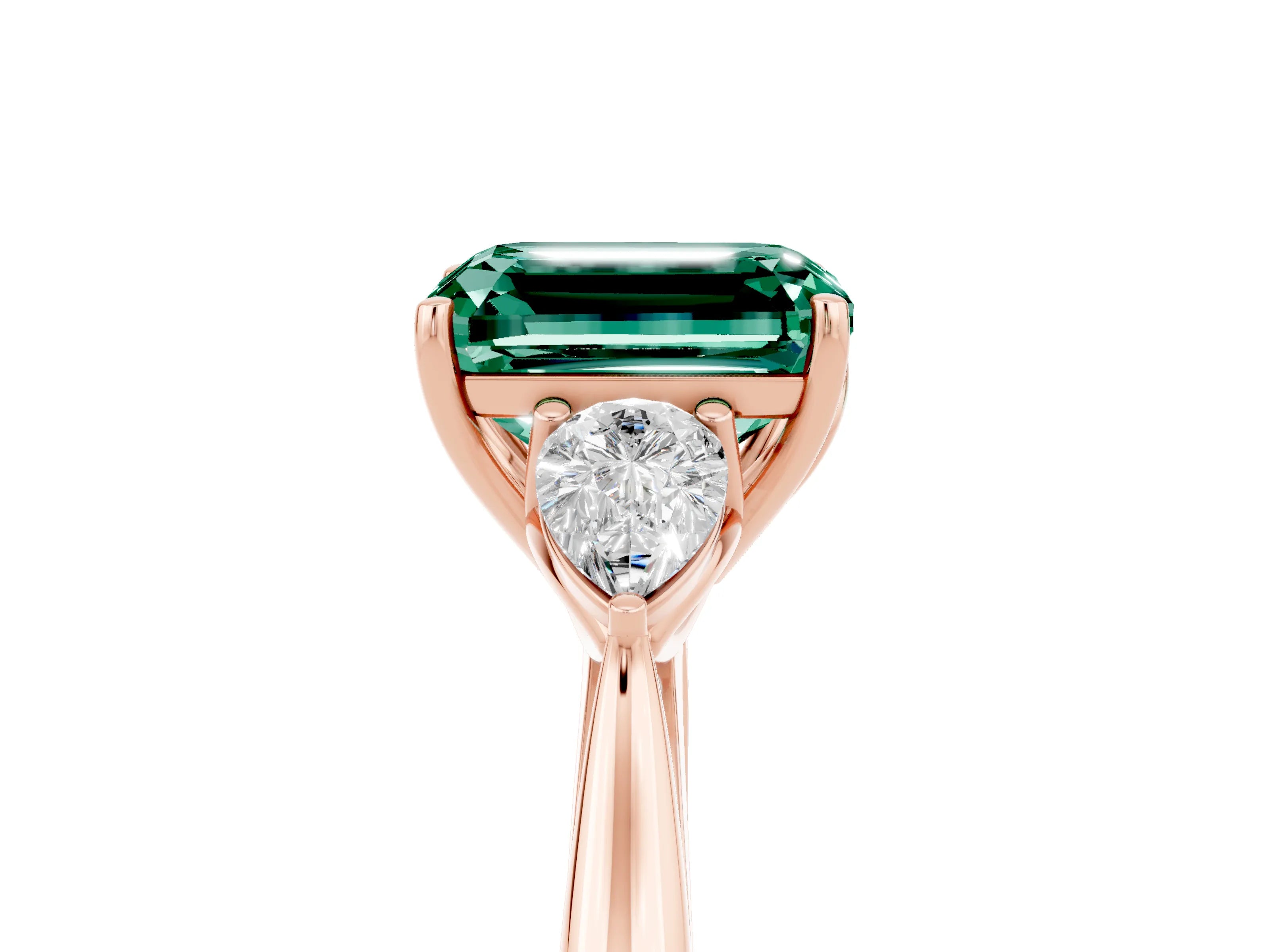 Rose gold Emerald Cut Green Sapphire Three-Stone Ring with Pear Side Stones and Four-Prong Setting_17