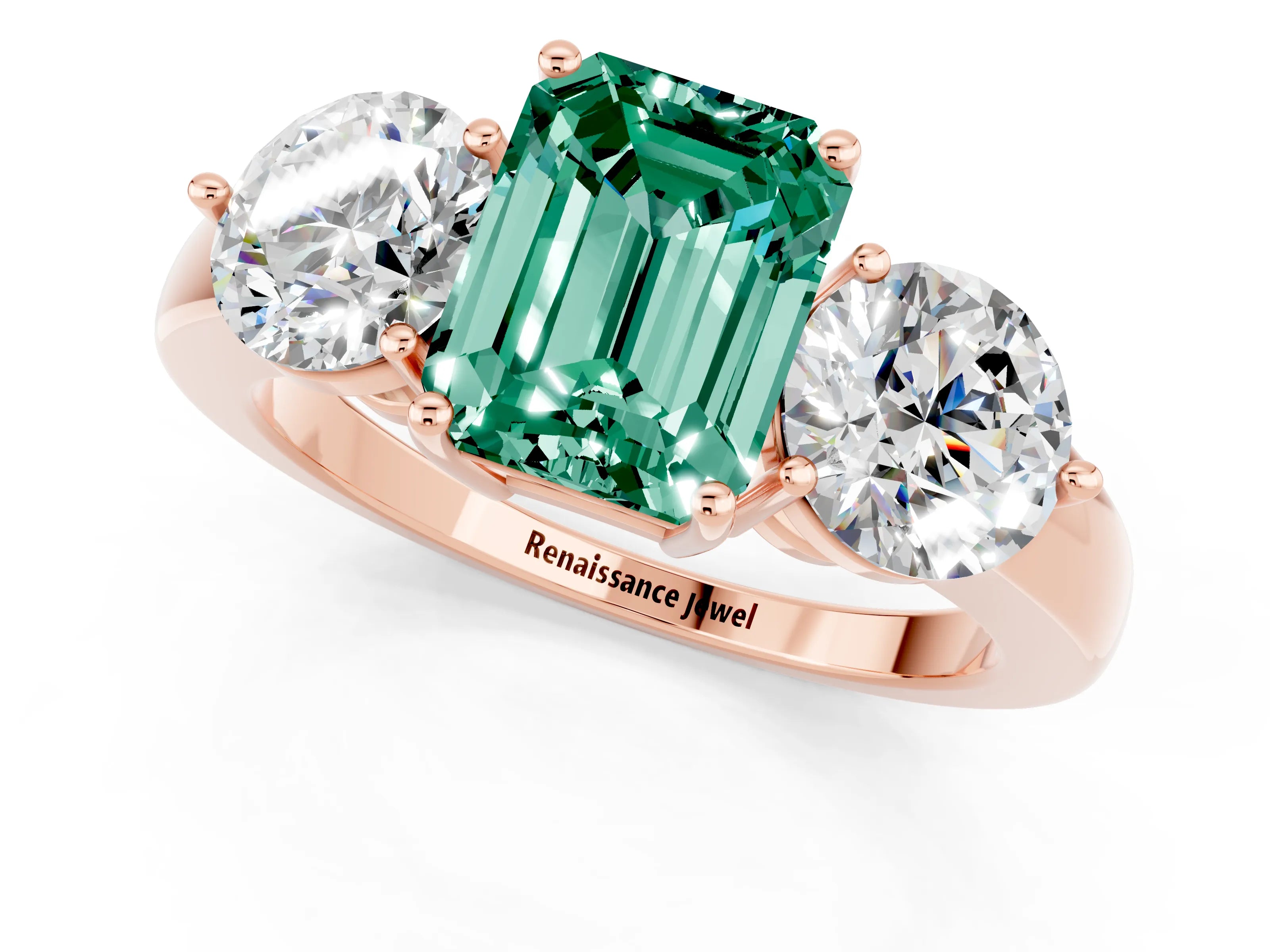 Rose gold Emerald Cut Green Sapphire Three-Stone Ring with Prong Setting and Classic Band_1