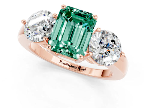 Rose gold Emerald Cut Green Sapphire Three-Stone Ring with Prong Setting and Classic Band_1