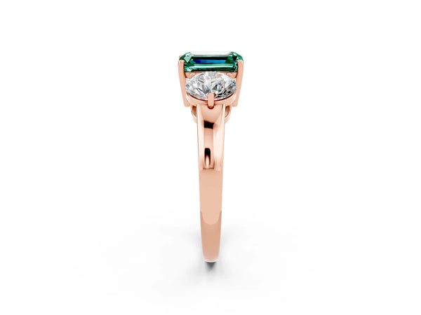 Rose gold Emerald Cut Green Sapphire Three-Stone Ring with Prong Setting and Classic Band