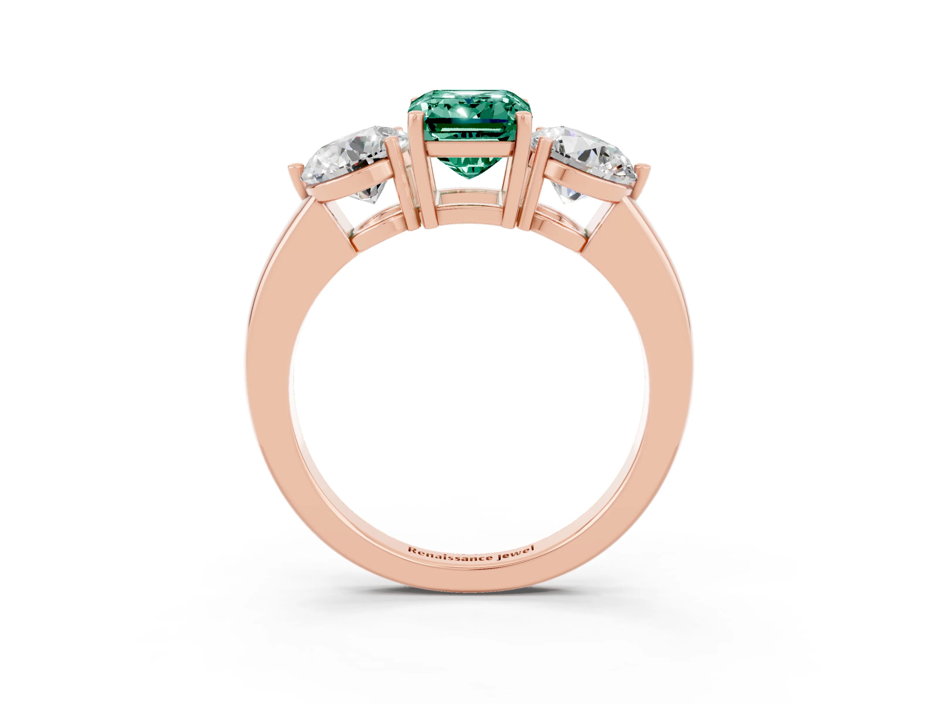Rose gold Emerald Cut Green Sapphire Three-Stone Ring with Prong Setting and Classic Band_3