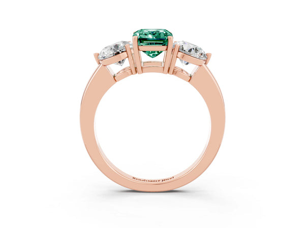 Rose gold Emerald Cut Green Sapphire Three-Stone Ring with Prong Setting and Classic Band