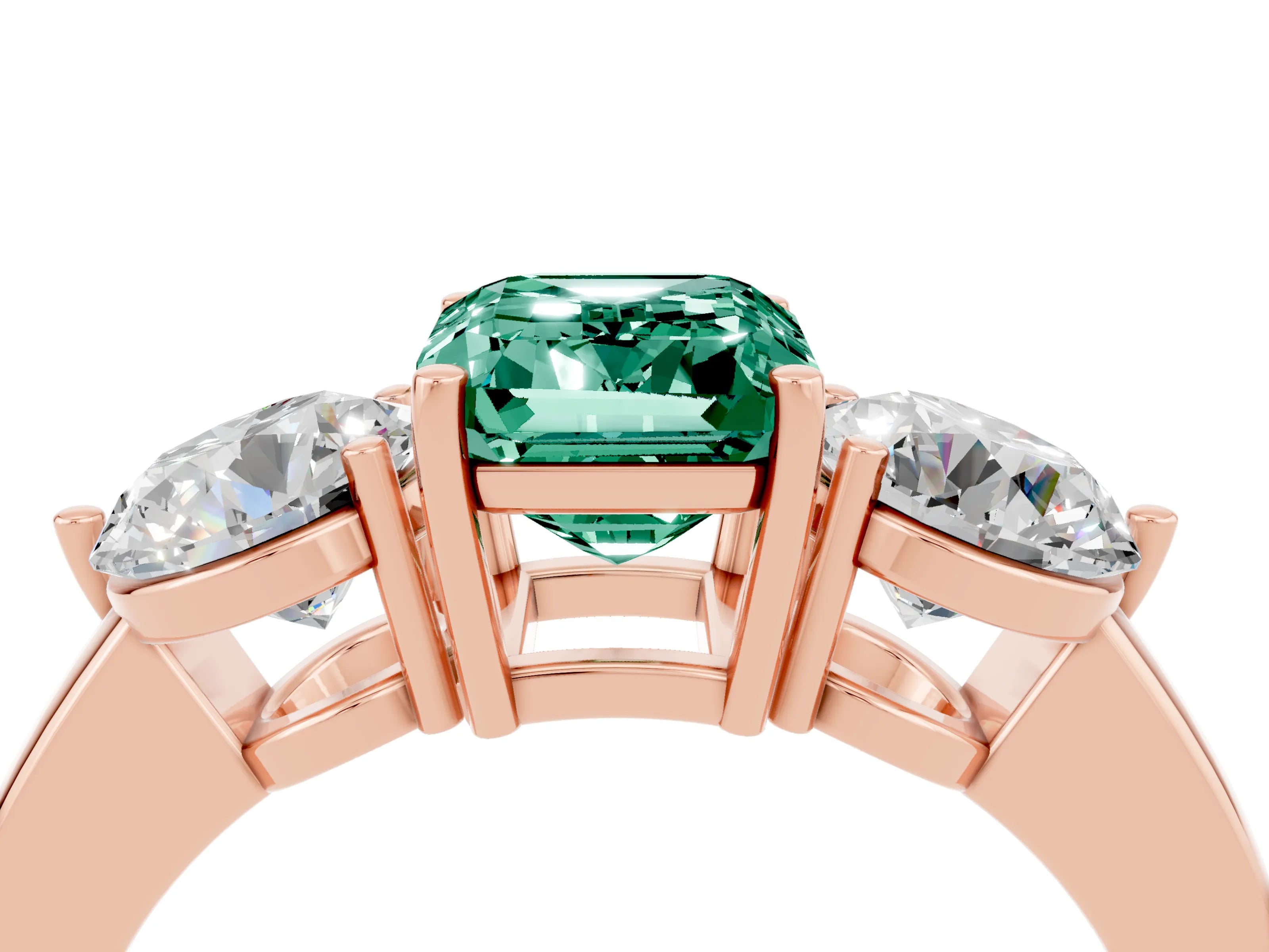 Rose gold Emerald Cut Green Sapphire Three-Stone Ring with Prong Setting and Classic Band_4