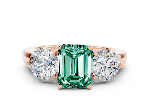 Rose gold Emerald Cut Green Sapphire Three-Stone Ring with Prong Setting and Classic Band