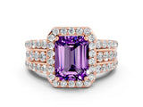 Rose gold Emerald Cut Halo Amethyst Ring with Split Shank and Four-Prong Setting