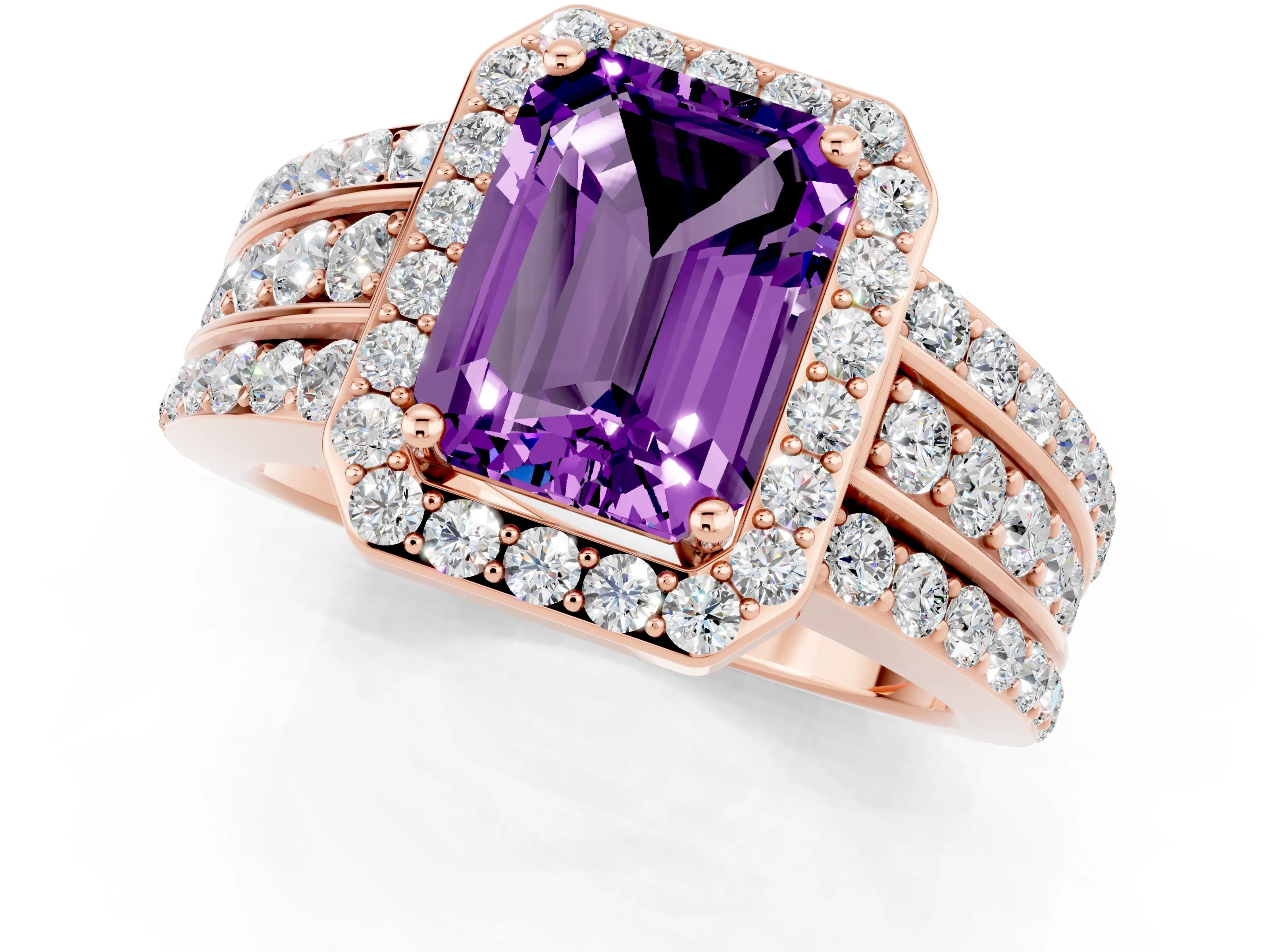 Rose gold Emerald Cut Halo Amethyst Ring with Split Shank and Four-Prong Setting_1