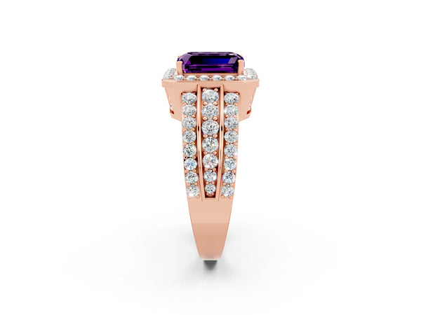 Rose gold Emerald Cut Halo Amethyst Ring with Round  Split Shank and Prong Setting