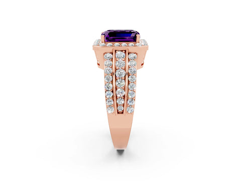 Rose gold Emerald Cut Halo Amethyst Ring with Split Shank and Four-Prong Setting_2