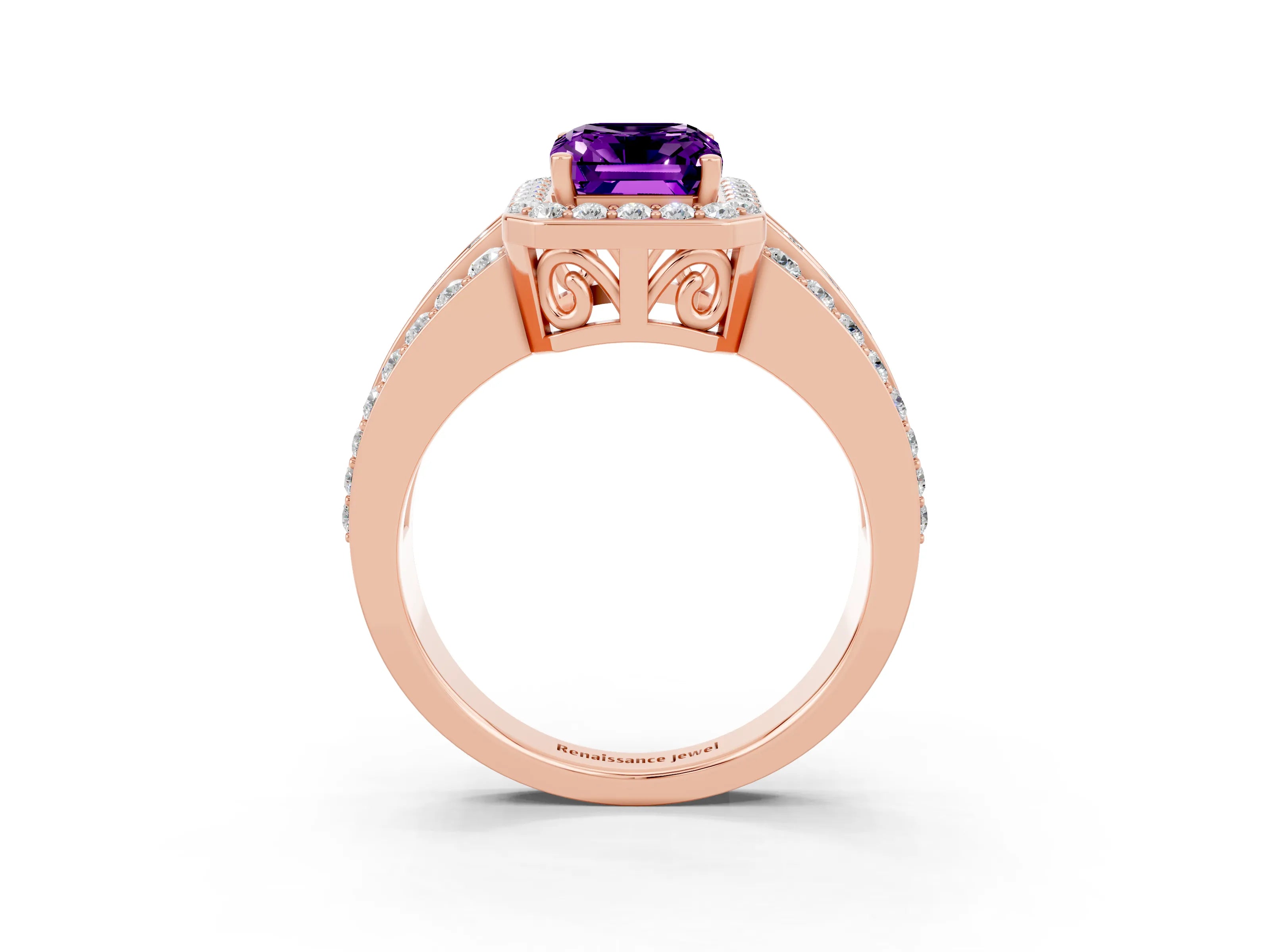 Rose gold Emerald Cut Halo Amethyst Ring with Split Shank and Four-Prong Setting_3