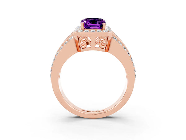 Rose gold Emerald Cut Halo Amethyst Ring with Round  Split Shank and Prong Setting