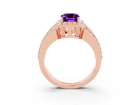 Rose gold Emerald Cut Halo Amethyst Ring with Split Shank and Four-Prong Setting_3