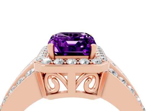 Rose gold Emerald Cut Halo Amethyst Ring with Split Shank and Four-Prong Setting_4
