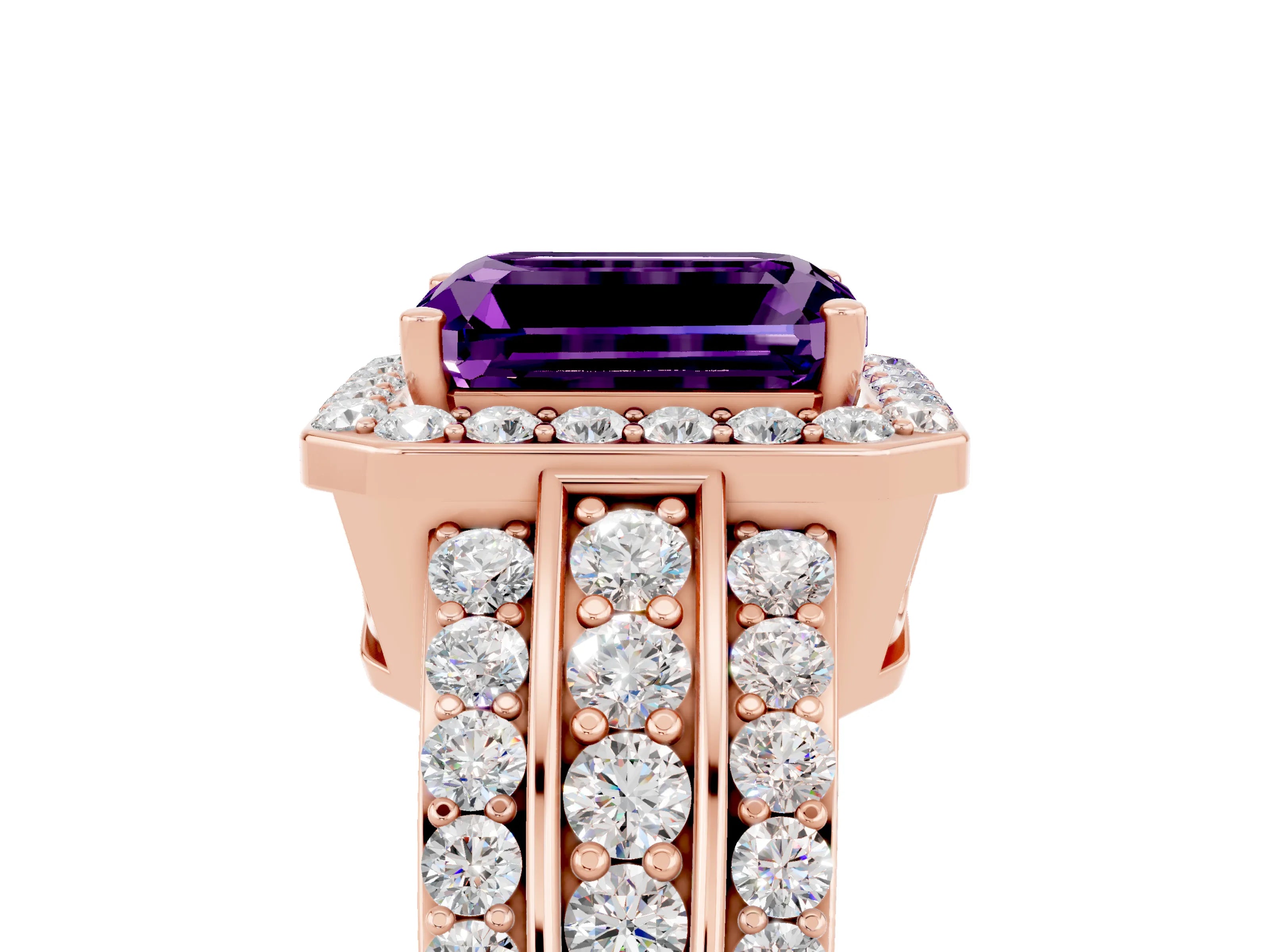 Rose gold Emerald Cut Halo Amethyst Ring with Split Shank and Four-Prong Setting_5