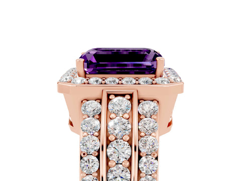 Rose gold Emerald Cut Halo Amethyst Ring with Split Shank and Four-Prong Setting_5
