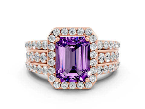 Rose gold Emerald Cut Halo Amethyst Ring with Split Shank and Four-Prong Setting