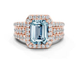 Rose gold Emerald Cut Halo Aquamarine Ring with Split Shank and Four-Prong Setting
