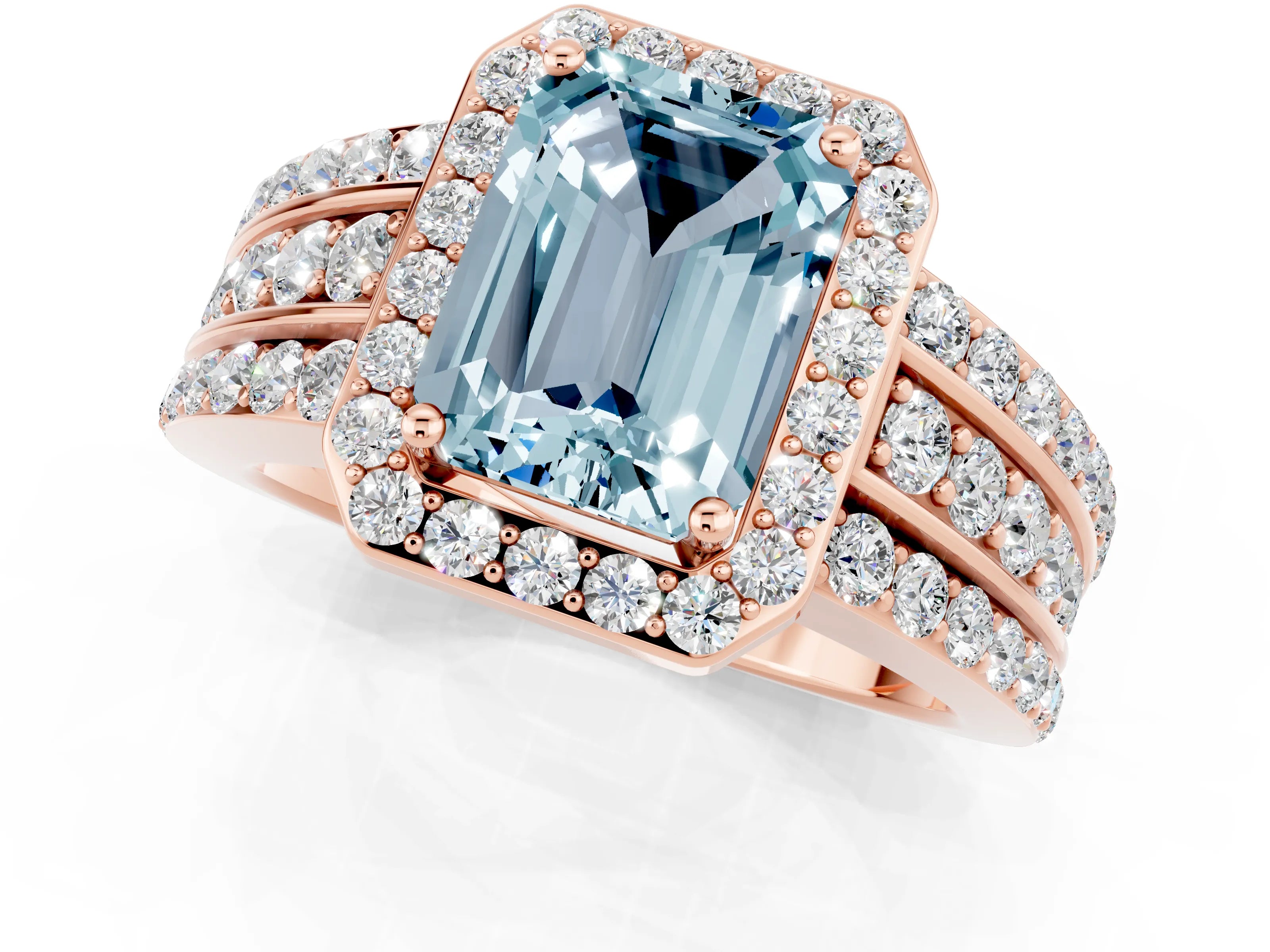 Rose gold Emerald Cut Halo Aquamarine Ring with Split Shank and Four-Prong Setting_1