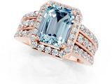 Rose gold Emerald Cut Halo Aquamarine Ring with Split Shank and Four-Prong Setting_1