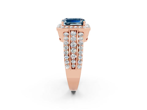 Rose gold Emerald Cut Halo Aquamarine Ring with Split Shank and Four-Prong Setting_2