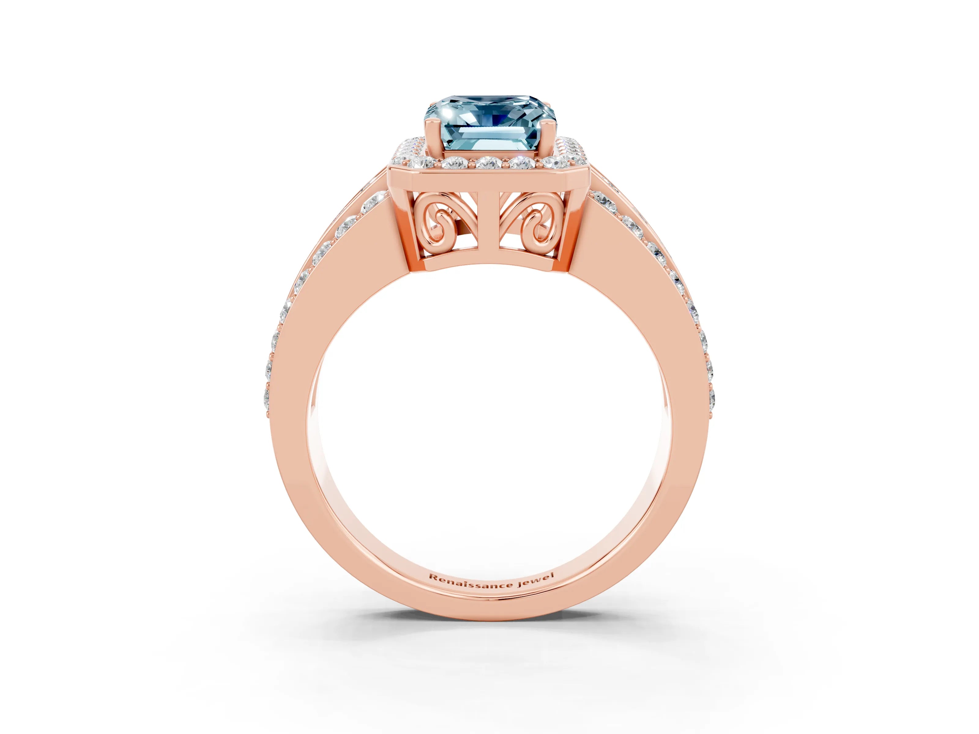 Rose gold Emerald Cut Halo Aquamarine Ring with Split Shank and Four-Prong Setting_3