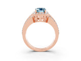 Rose gold Emerald Cut Halo Aquamarine Ring with Split Shank and Four-Prong Setting_3