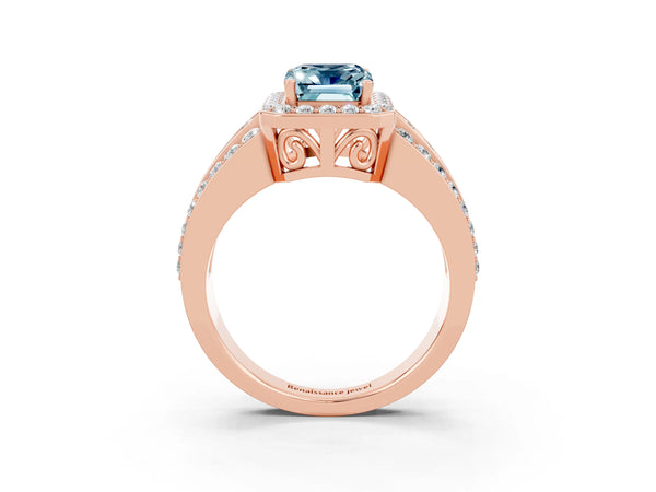 Rose gold Emerald Cut Halo Aquamarine Ring with Round  Split Shank and Prong Setting