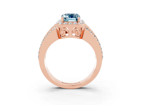 Rose gold Emerald Cut Halo Aquamarine Ring with Split Shank and Four-Prong Setting_3