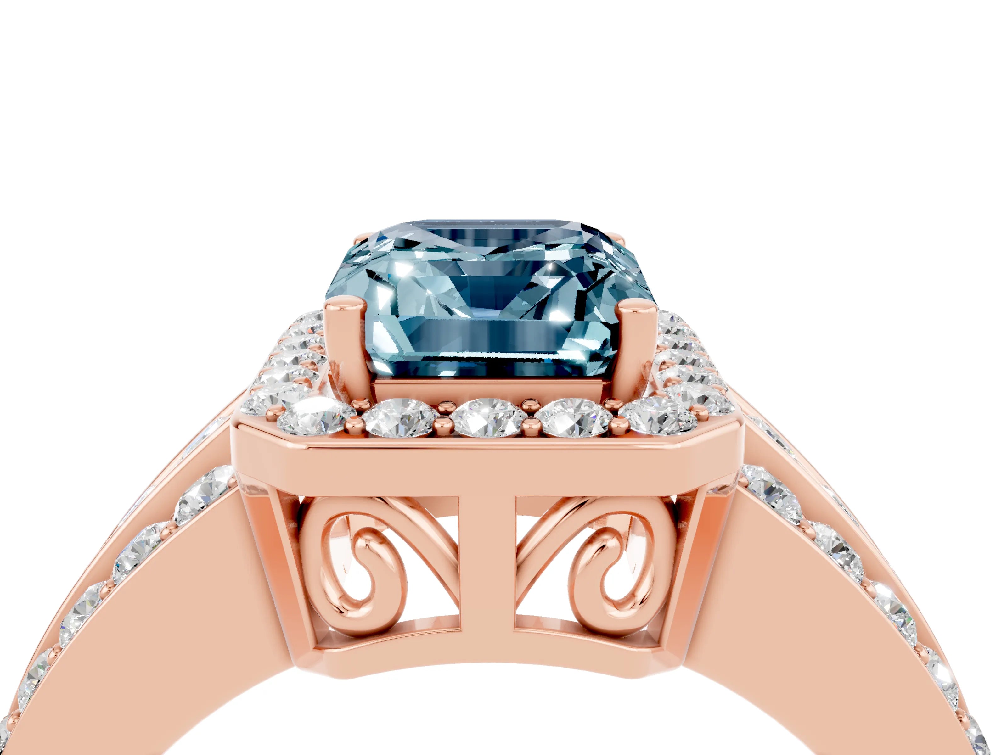 Rose gold Emerald Cut Halo Aquamarine Ring with Split Shank and Four-Prong Setting_4