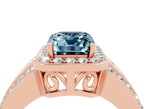 Rose gold Emerald Cut Halo Aquamarine Ring with Split Shank and Four-Prong Setting_4