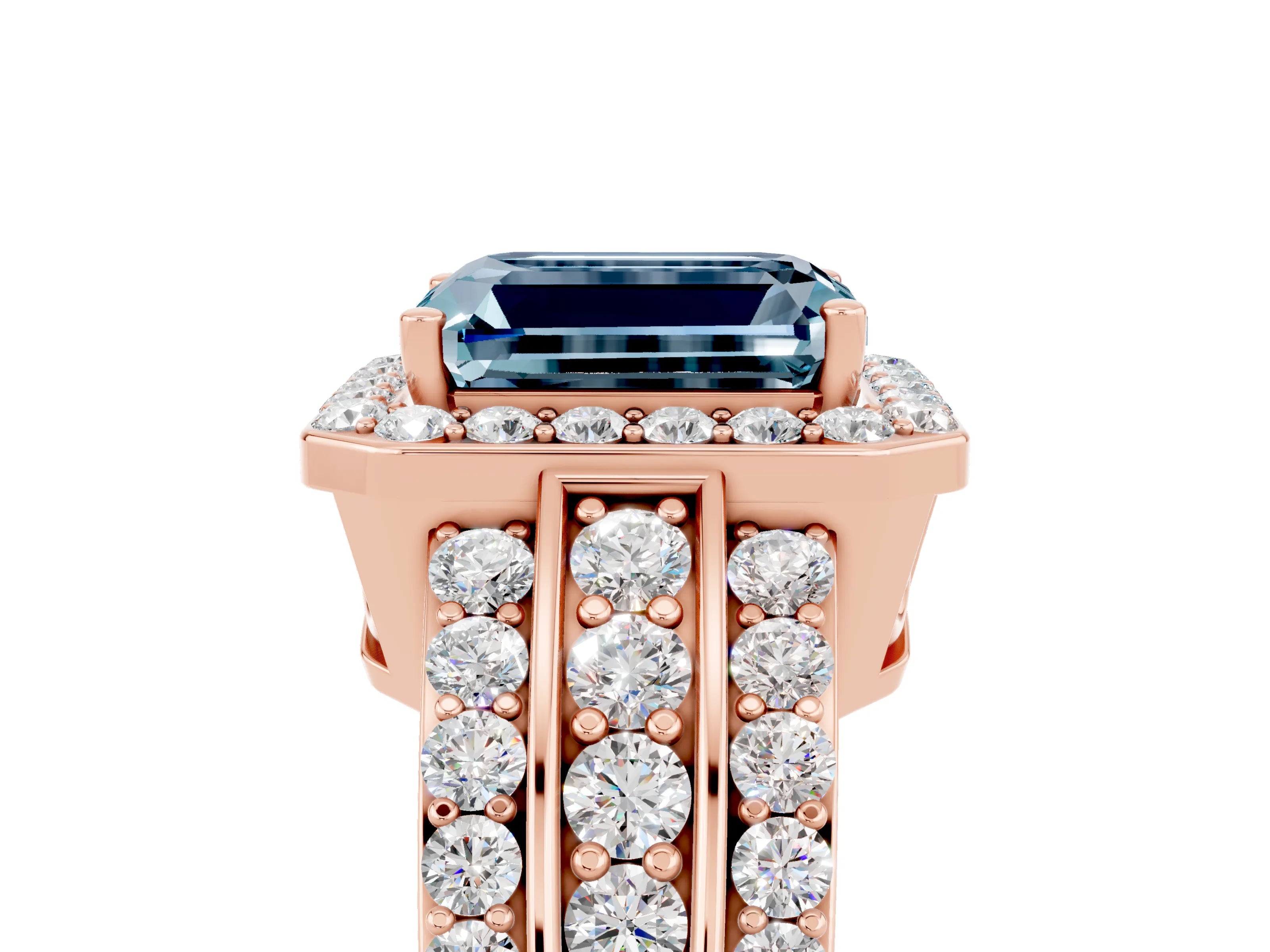 Rose gold Emerald Cut Halo Aquamarine Ring with Split Shank and Four-Prong Setting_5