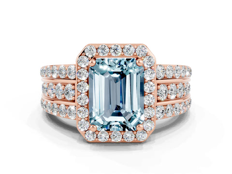 Rose gold Emerald Cut Halo Aquamarine Ring with Split Shank and Four-Prong Setting