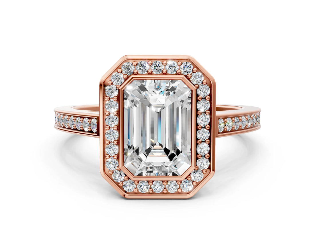 Rose gold Emerald Cut Halo Bezel Diamond Pave Band Ring_9