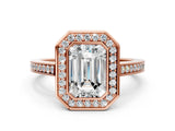 Rose gold Emerald Cut Halo Bezel Diamond Pave Band Ring_9