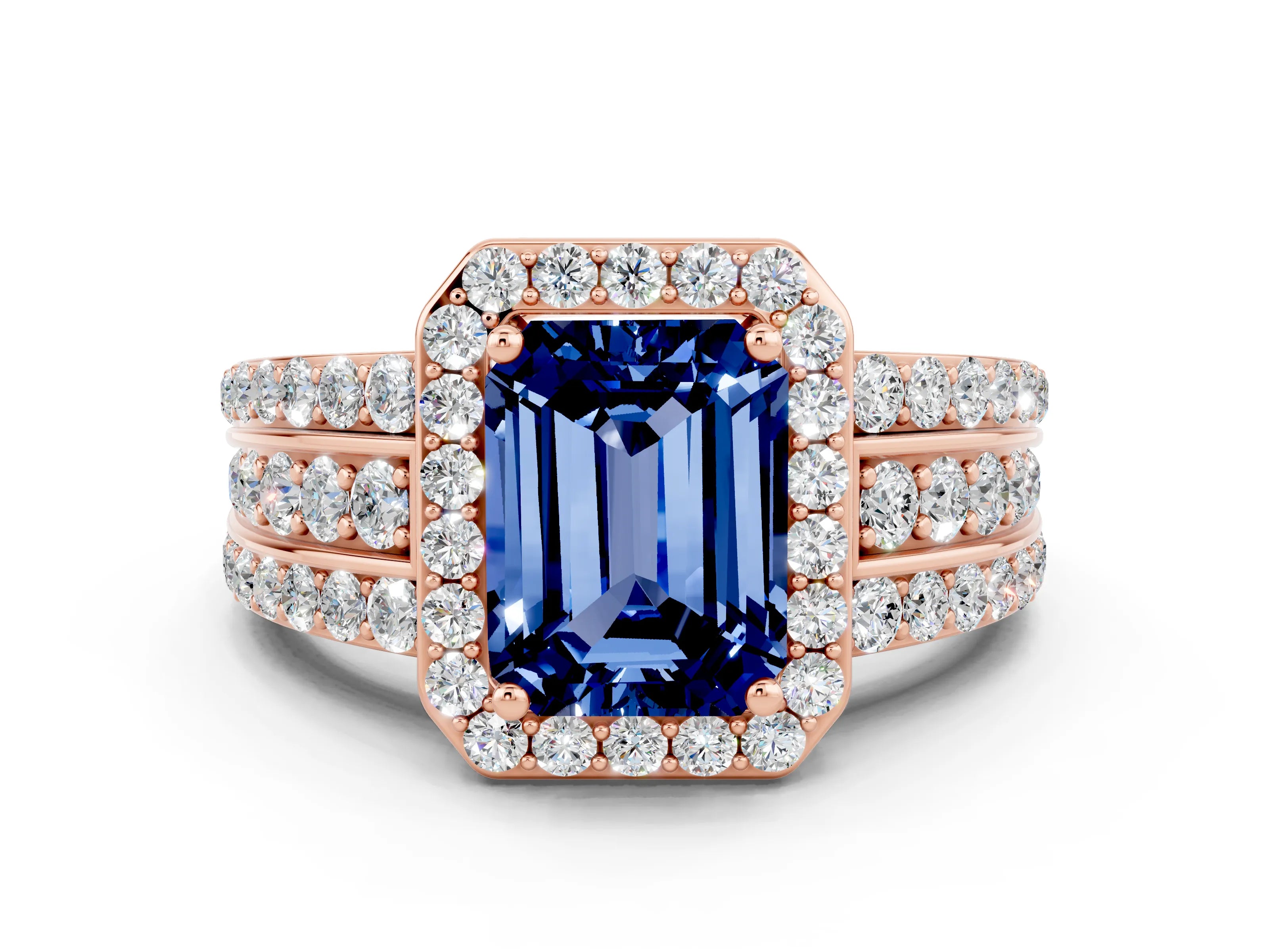 Rose gold Emerald Cut Halo Blue Sapphire Ring with Split Shank and Four-Prong Setting