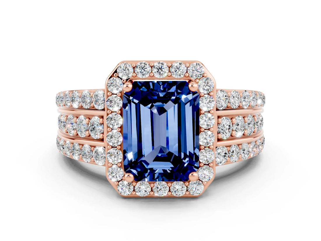 Rose gold Emerald Cut Halo Blue Sapphire Ring with Split Shank and Four-Prong Setting