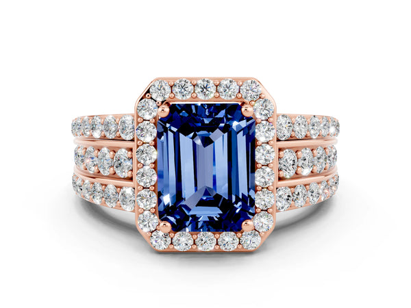 Rose gold Emerald Cut Halo Blue Sapphire Ring with Round  Split Shank and Prong Setting
