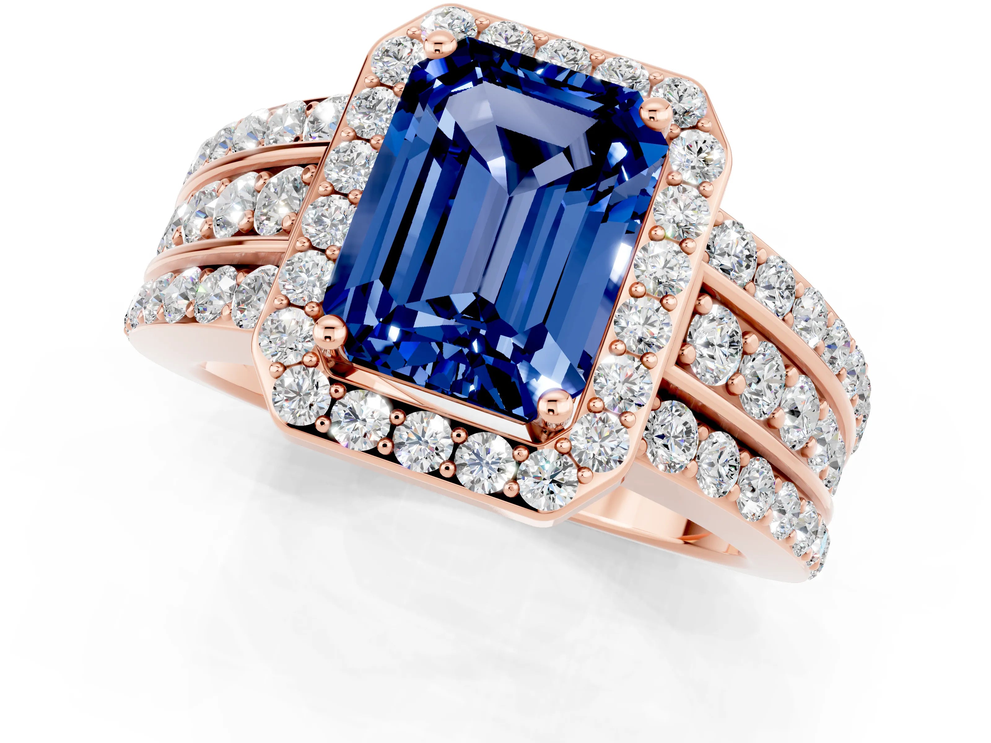 Rose gold Emerald Cut Halo Blue Sapphire Ring with Split Shank and Four-Prong Setting_1