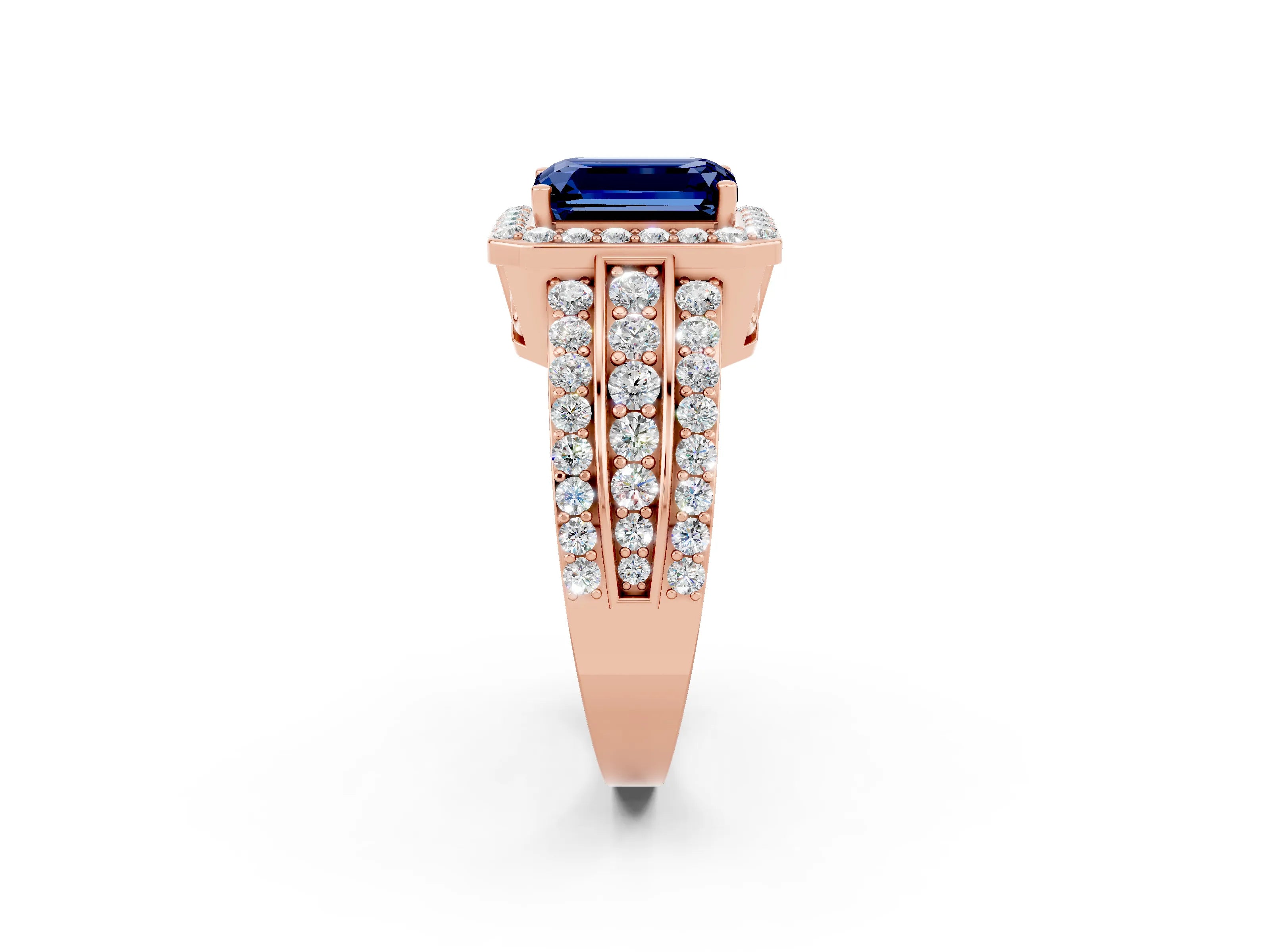Rose gold Emerald Cut Halo Blue Sapphire Ring with Split Shank and Four-Prong Setting_2