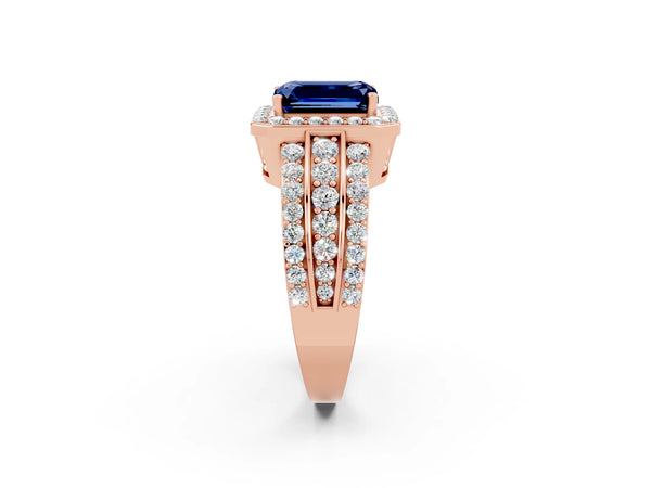 Rose gold Emerald Cut Halo Blue Sapphire Ring with Round  Split Shank and Prong Setting